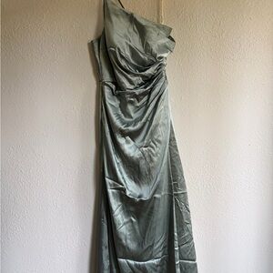 David’s Bridal Galina One Shoulder Satin Dress in Sage